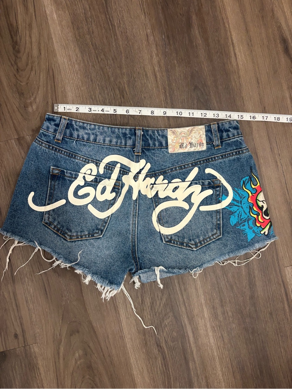 Ed Hardy Blue Denim Logo Cutoff Shorts with Multicolor Graphic